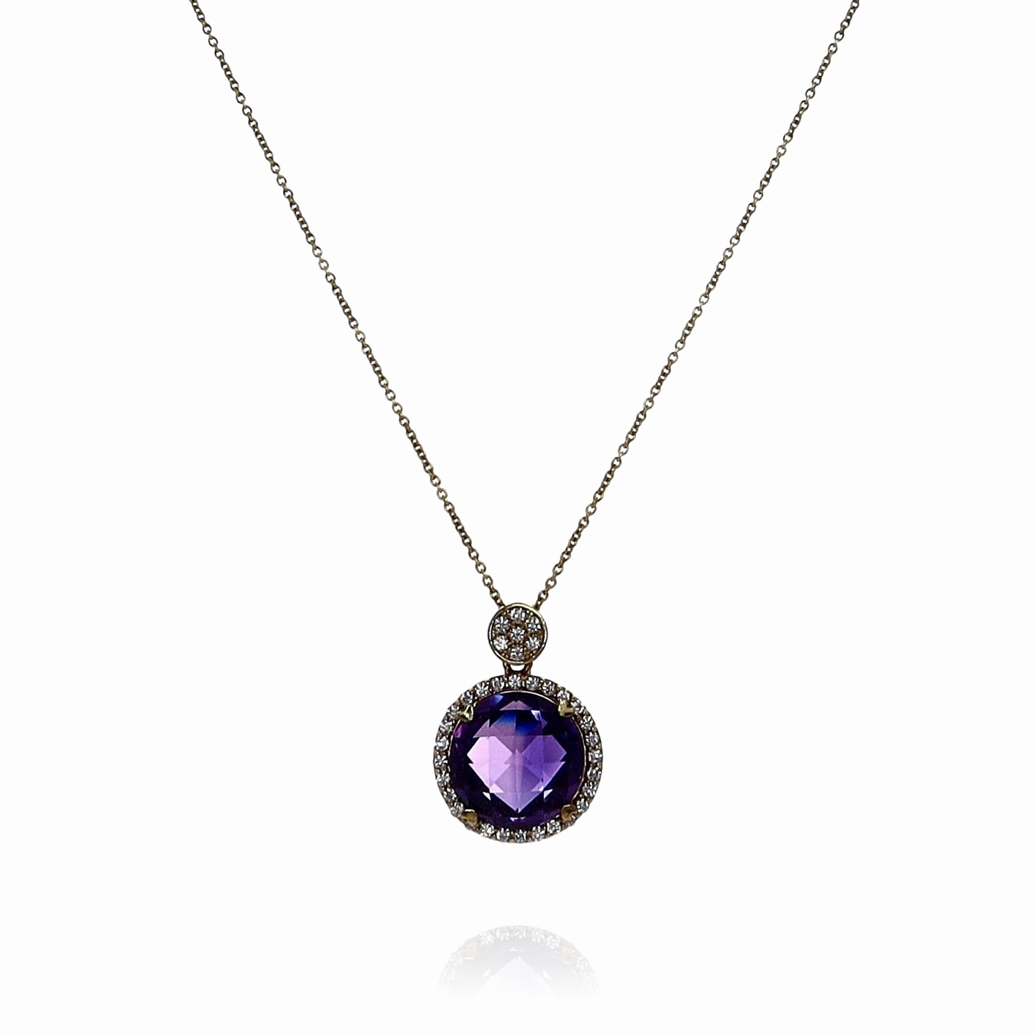 Lisa Nik 18k Yellow Gold Amethyst and Diamond Halo Pendant Necklace