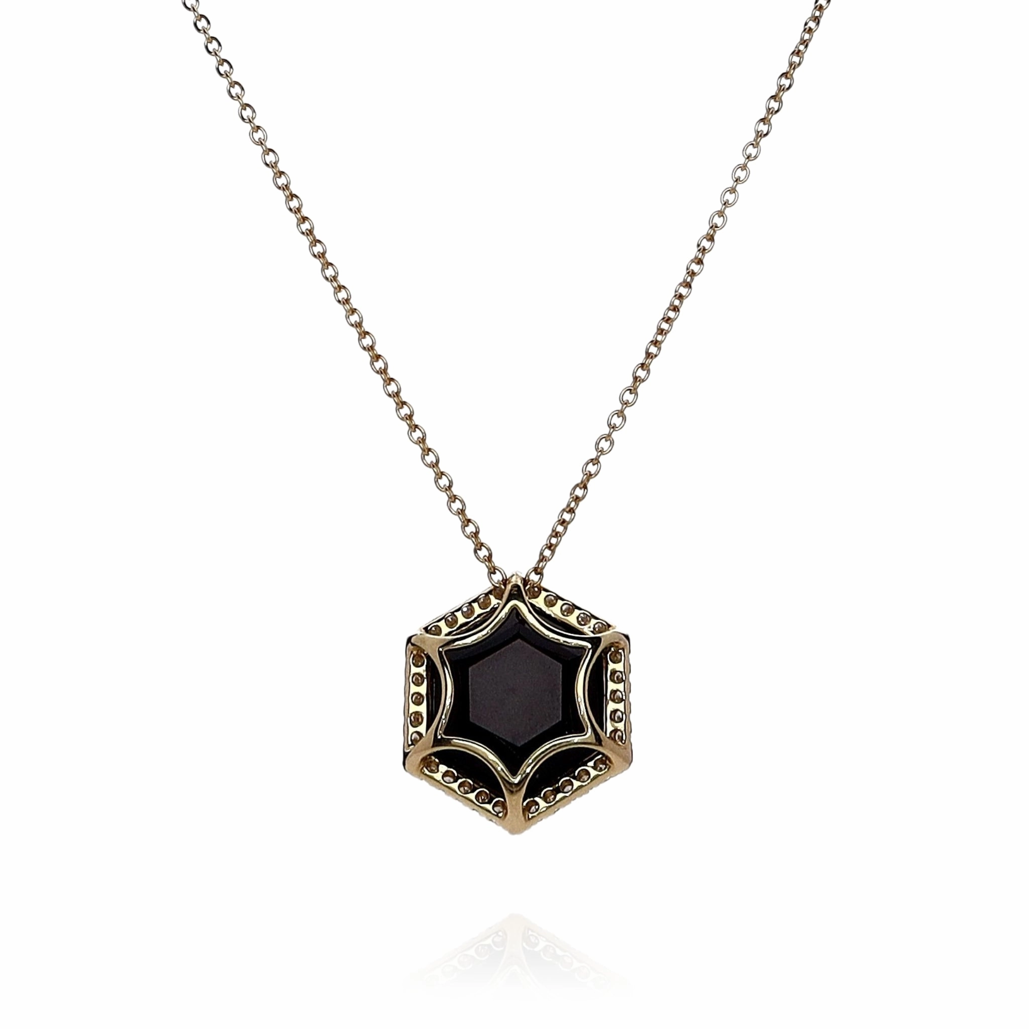 Lisa Nik 18k Yellow Gold Hexagonal Onyx and Diamond Halo Pendant Necklace
