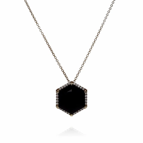 Lisa Nik 18k Yellow Gold Hexagonal Onyx and Diamond Halo Pendant Necklace