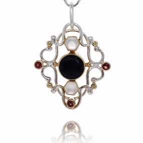 Michou Two-Tone Vermeil Onyx Mother of Pearl and Garnet Pendant Necklace
