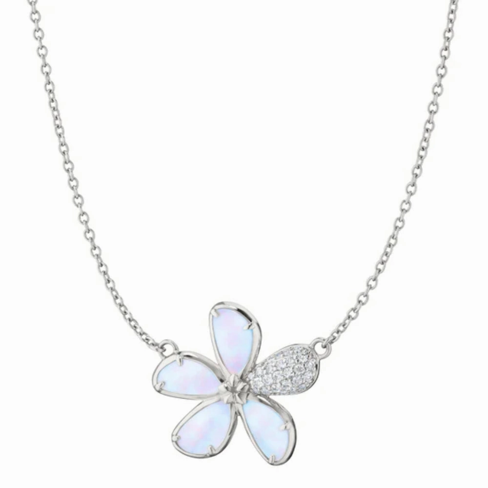 MRK Mother of Pearl Flower Necklace with Pav White Sapphires