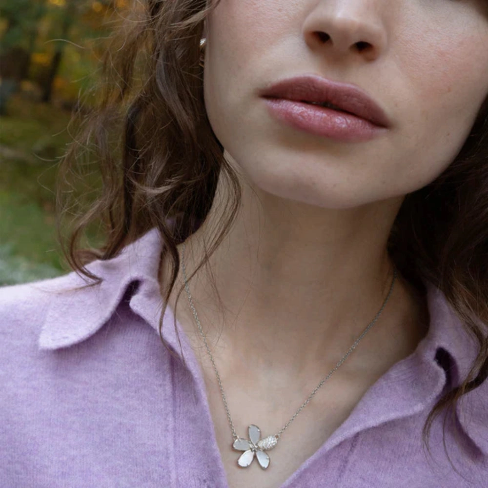MRK Mother of Pearl Flower Necklace with Pav White Sapphires