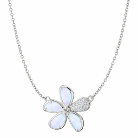 MRK Mother of Pearl Flower Necklace with Pav White Sapphires