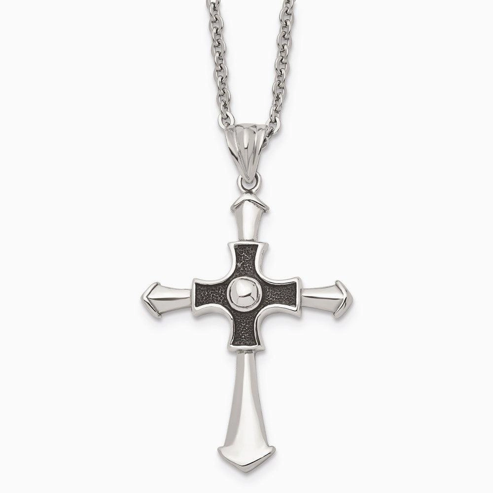Stainless Steel Antiqued & Polished Cross 22in Necklace