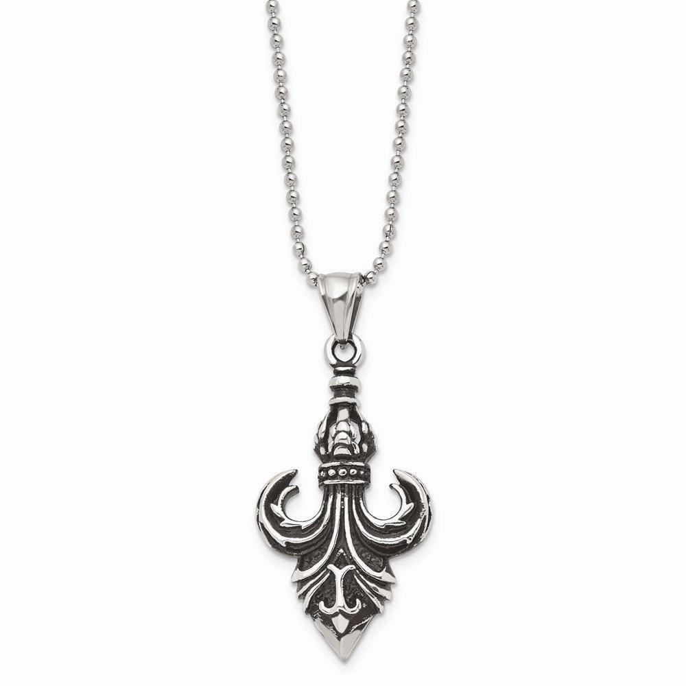 Stainless Steel Antiqued & Polished Fleur de lis Necklace