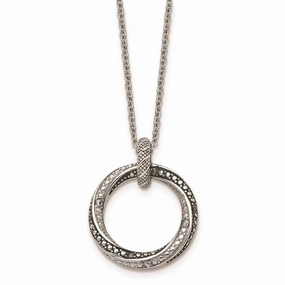 Stainless Steel Black/Clear CZ Antiqued Circle Necklace