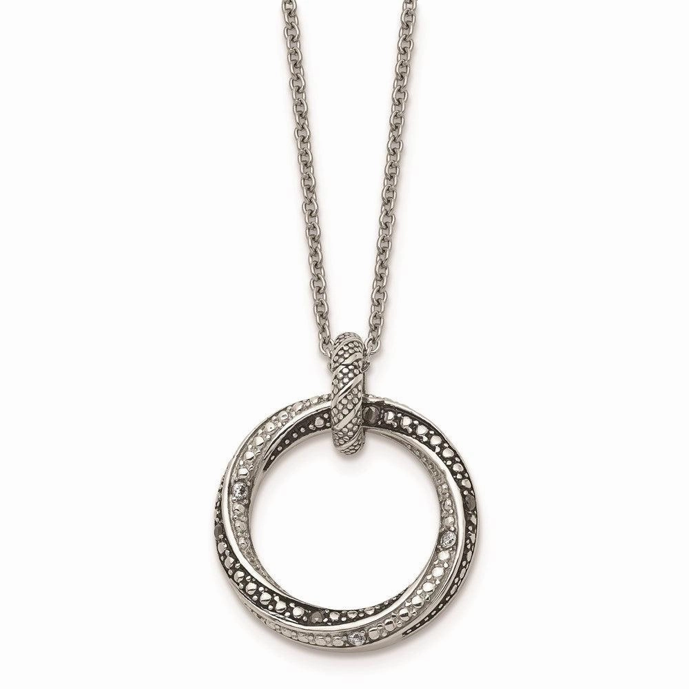 Stainless Steel Black/Clear CZ Antiqued Circle Necklace