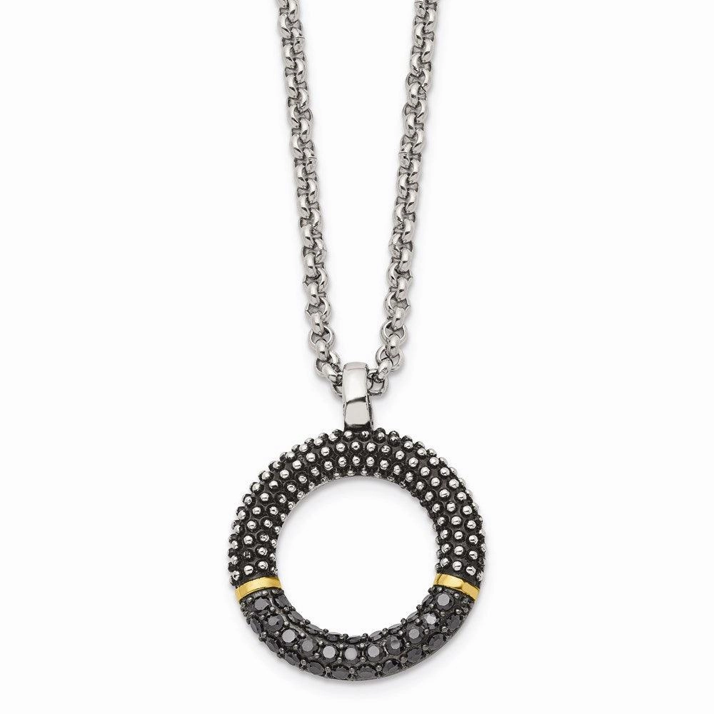 Stainless Steel Black CZ with Yellow IP-plated Antiqued Circle Necklace