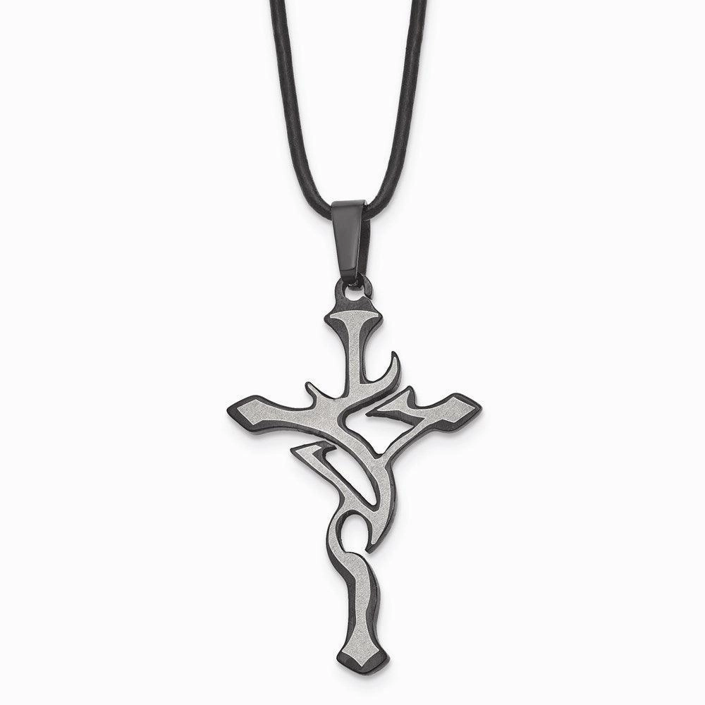 Stainless Steel Black Plated and Grey Accent Cross Necklace