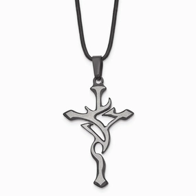 Stainless Steel Black Plated and Grey Accent Cross Necklace