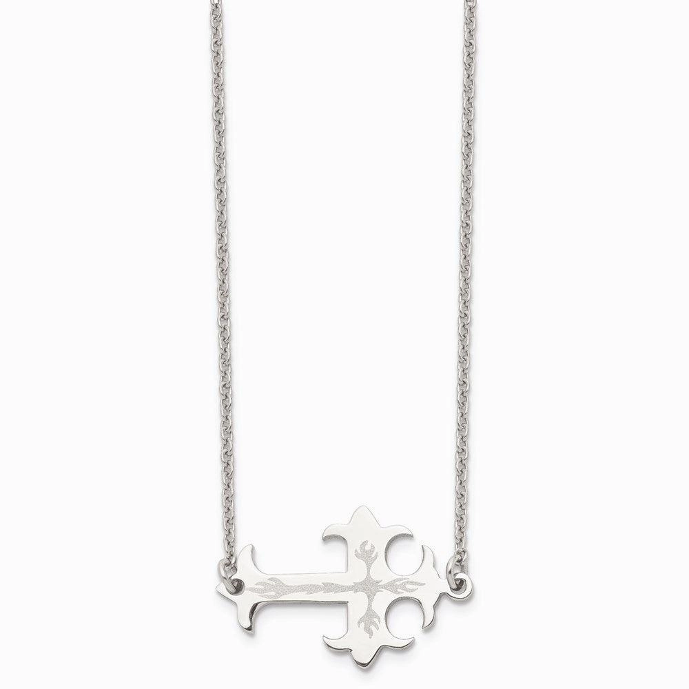 Stainless Steel Brushed & Polished Sideways Cross Necklace