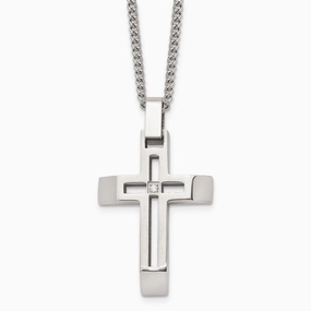 Stainless Steel Brushed and Polished Cross with CZ Necklace