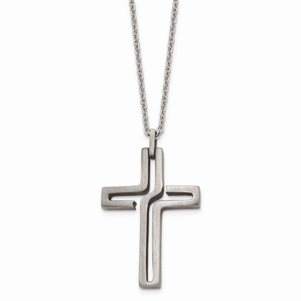 Stainless Steel Brushed Antiqued Cross Necklace