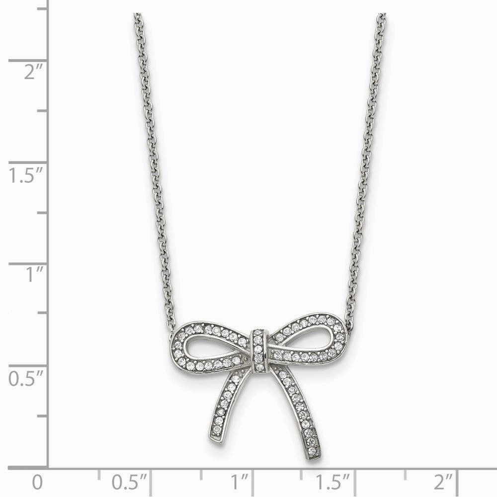 Stainless Steel Crystal Polished Bow with 1.75in ext. Necklace