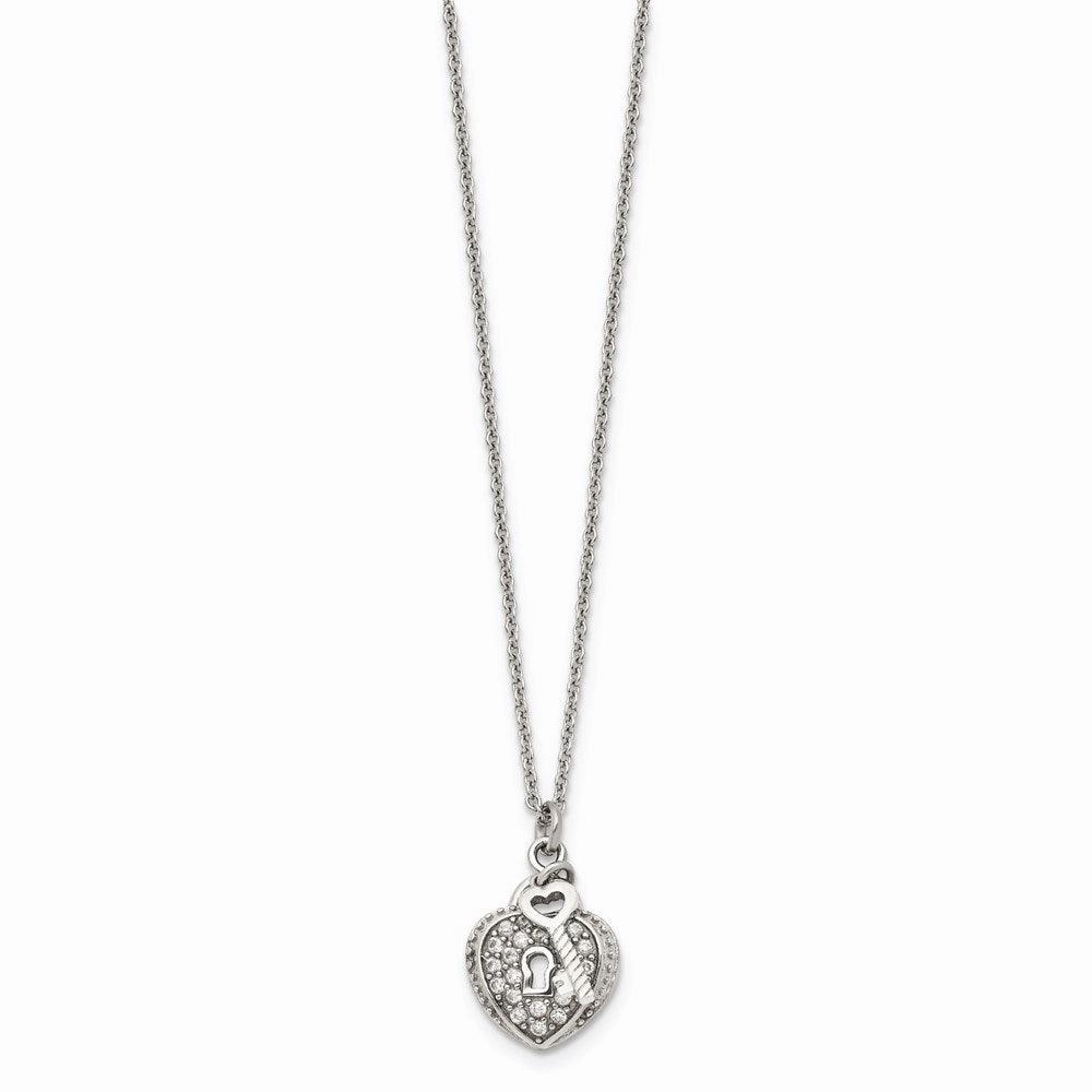 Stainless Steel CZ Heart Lock and Key Pendant Necklace