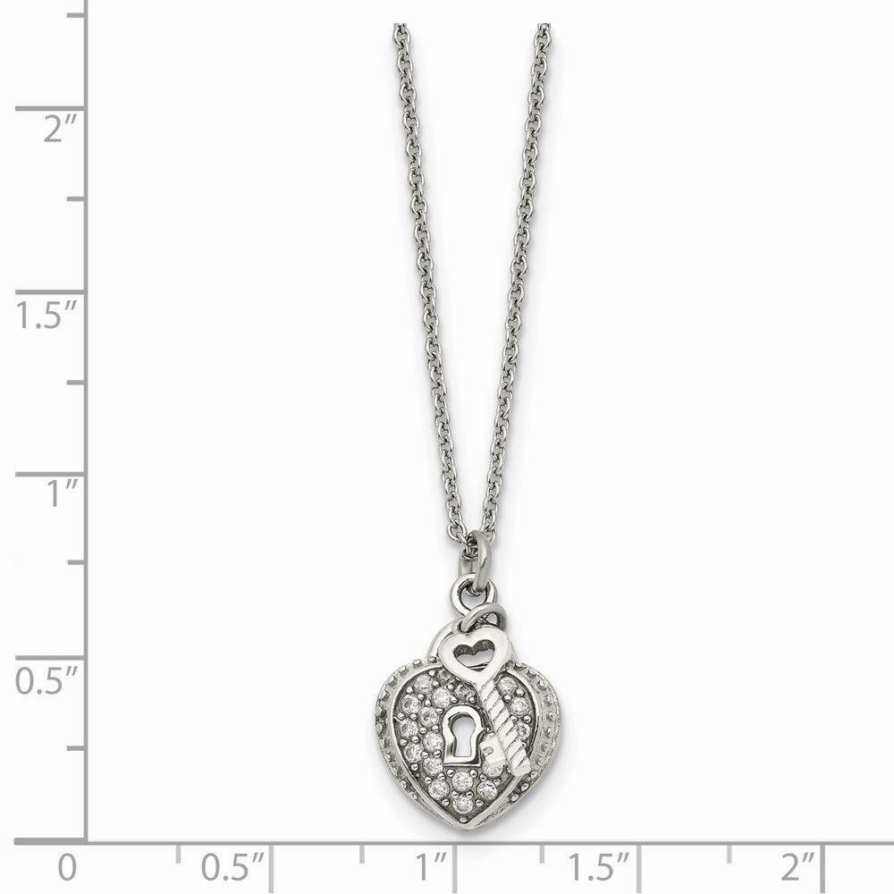 Stainless Steel CZ Heart Lock and Key Pendant Necklace