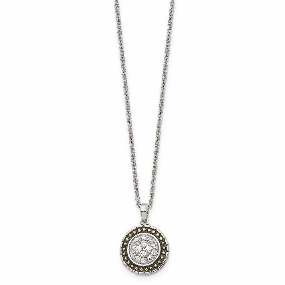 Stainless Steel CZ with Yellow IP-plated Antiqued Circle Necklace