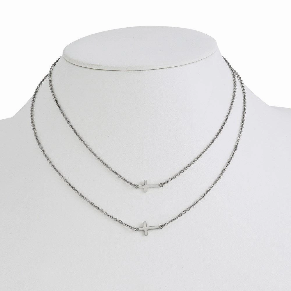 Stainless Steel Double Sideways Crosses Layered Necklace