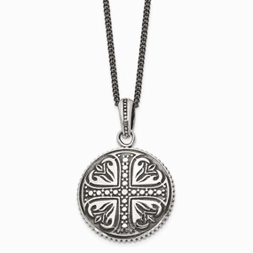 Stainless Steel Polished & Antiqued Cross Circle 22in Necklace