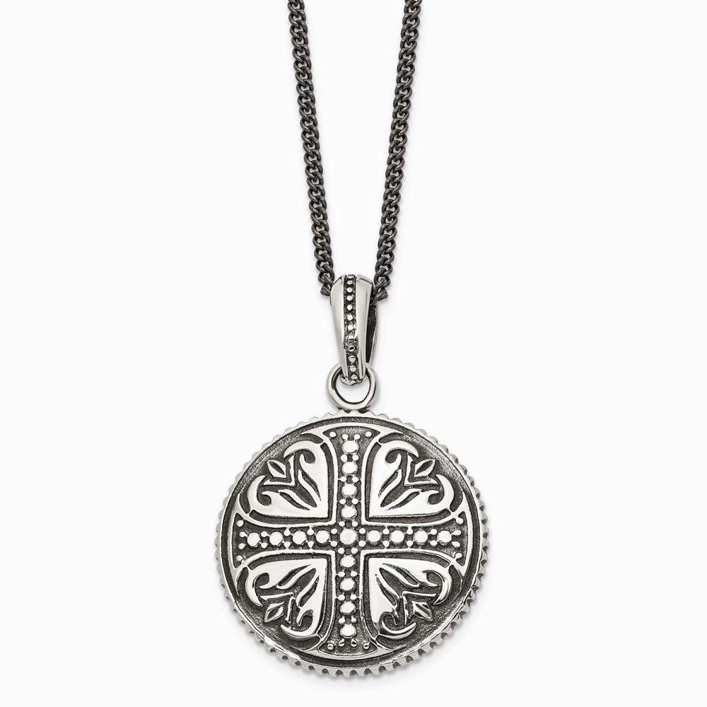 Stainless Steel Polished & Antiqued Cross Circle 22in Necklace