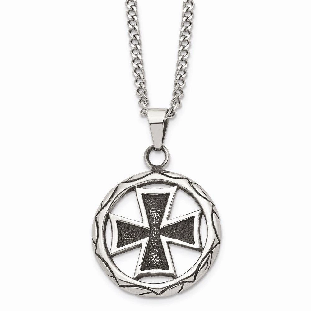 Stainless Steel Polished & Antiqued Cross in Circle 22in Necklace