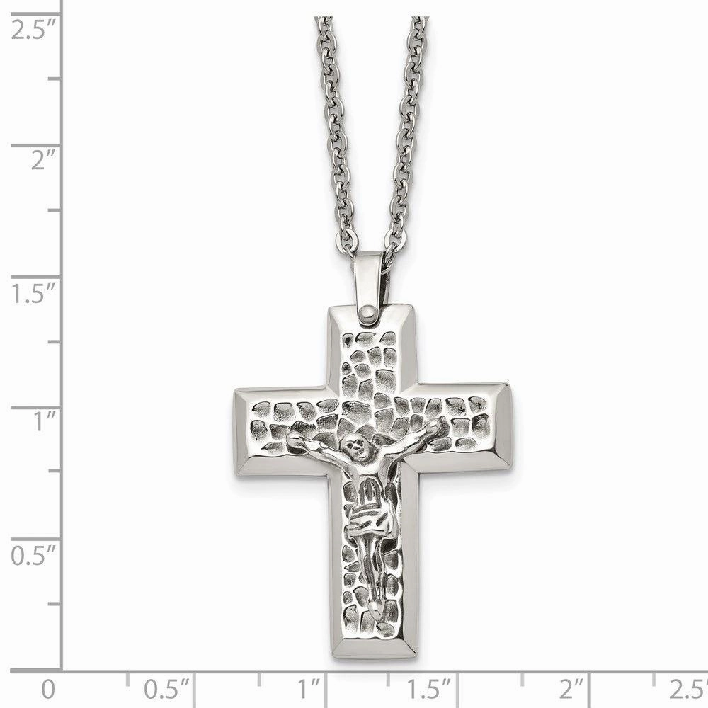 Stainless Steel Polished & Textured Crucifix 20in Necklace