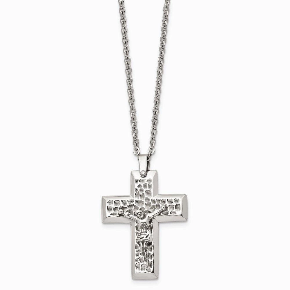 Stainless Steel Polished & Textured Crucifix 20in Necklace
