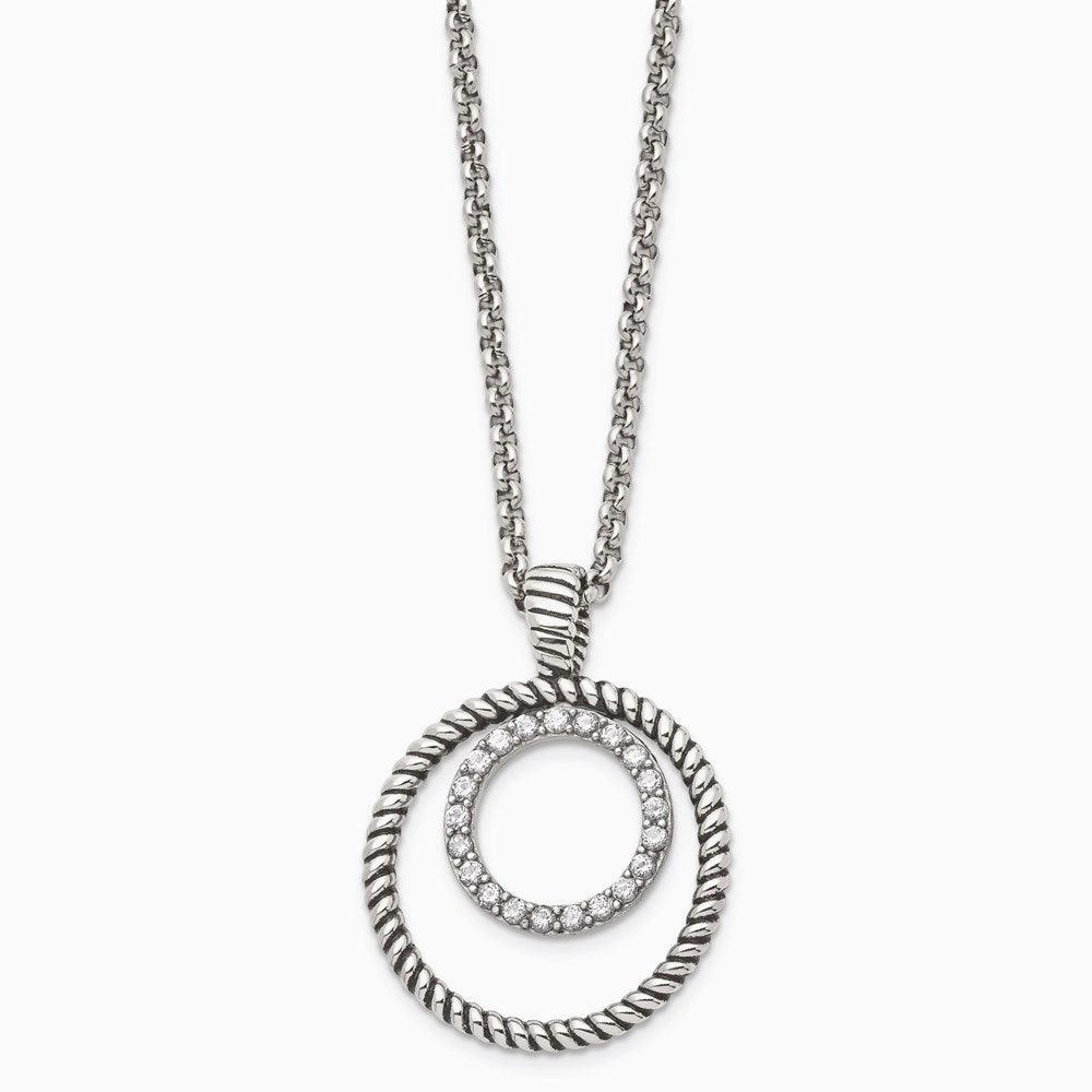 Stainless Steel Polished and Antiqued CZ Circle Necklace