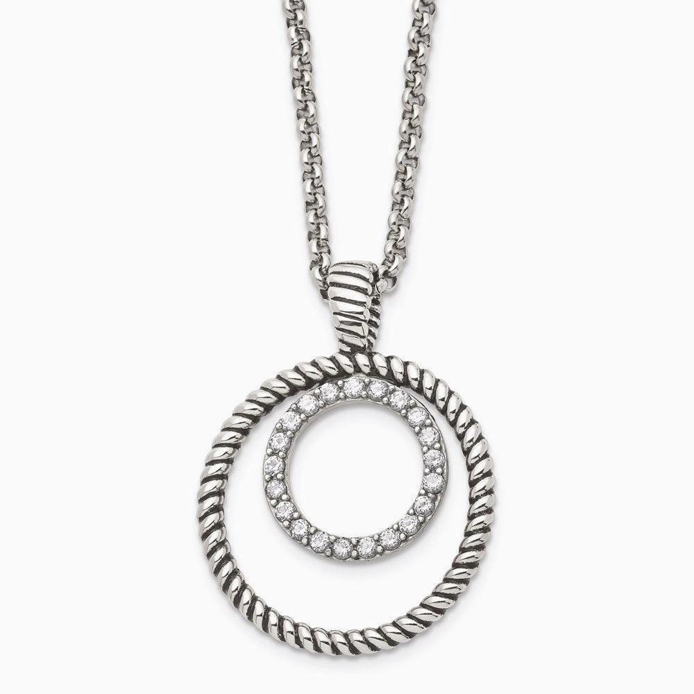 Stainless Steel Polished and Antiqued CZ Circle Necklace