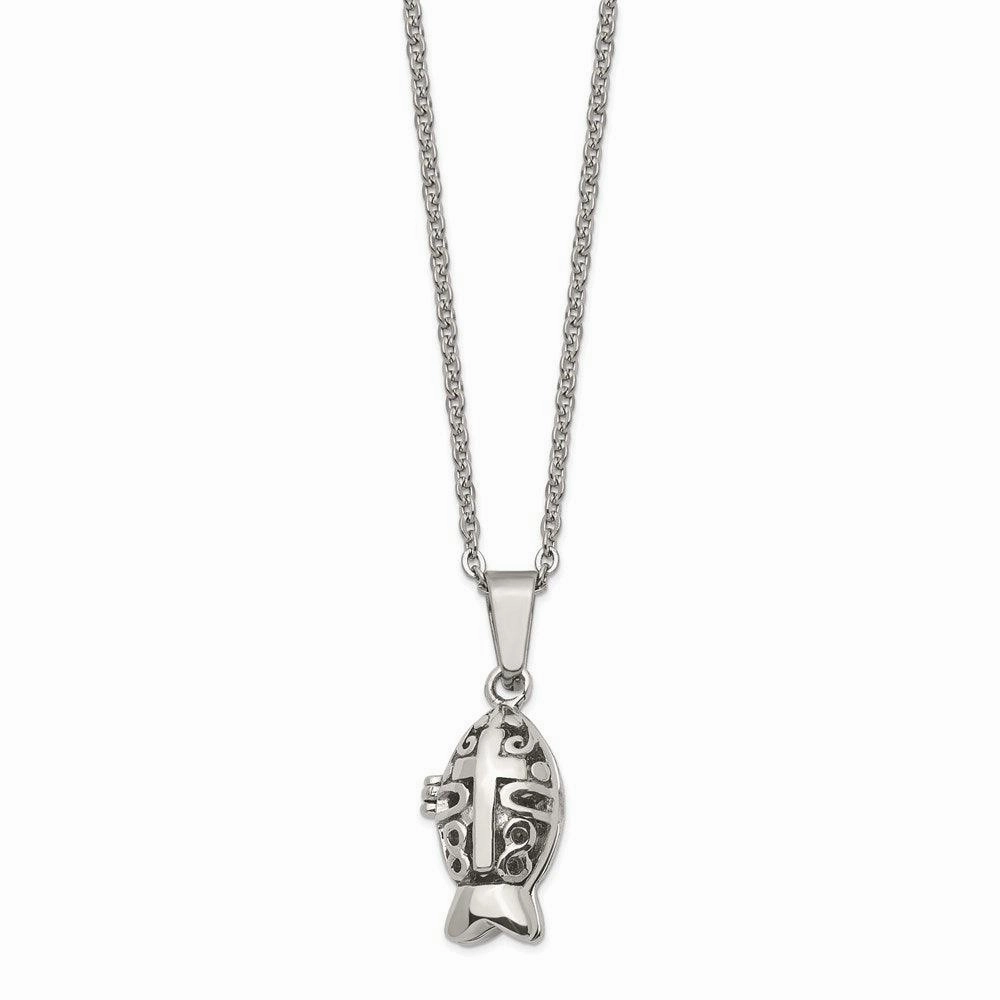 Stainless Steel Polished and Antiqued Magnetic Fish Necklace