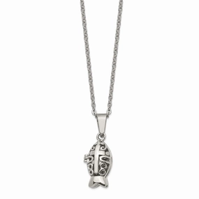 Stainless Steel Polished and Antiqued Magnetic Fish Necklace