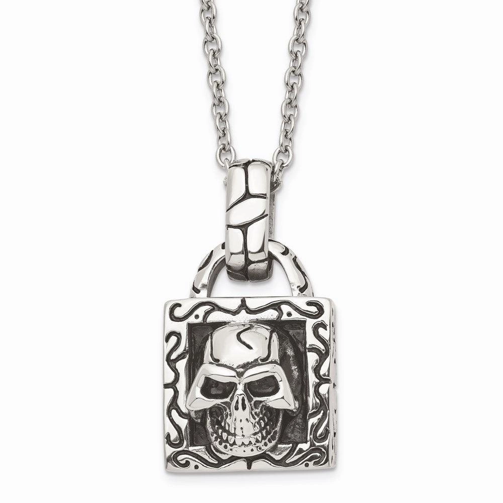 Stainless Steel Polished and Antiqued Skull Necklace