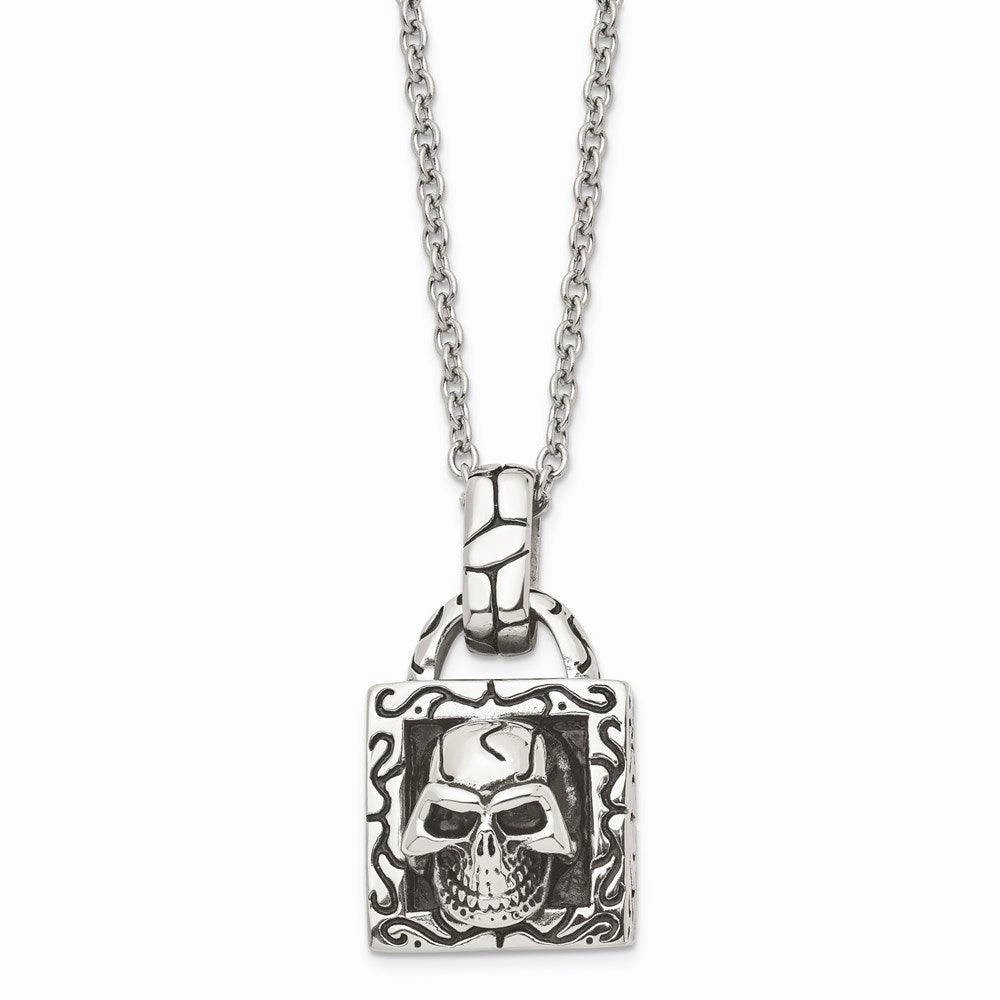 Stainless Steel Polished and Antiqued Skull Necklace