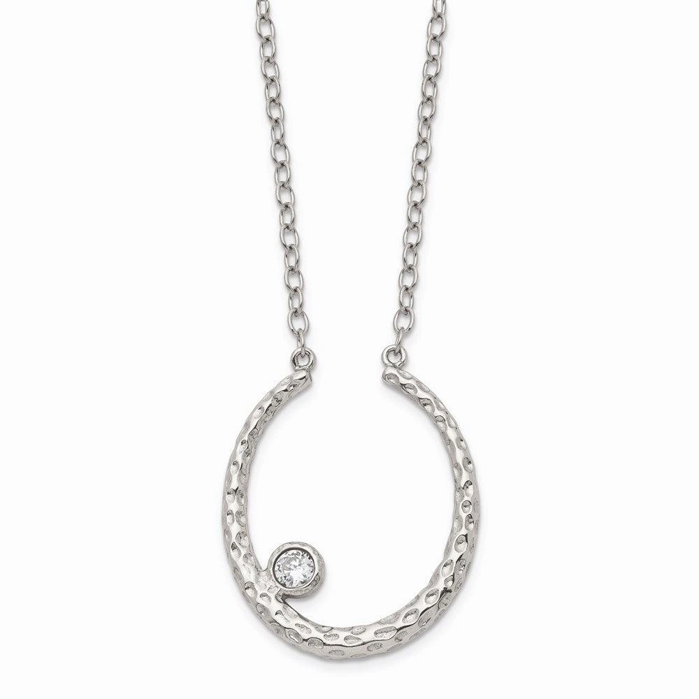 Stainless Steel Polished and Textured CZ w/2in ext. Necklace