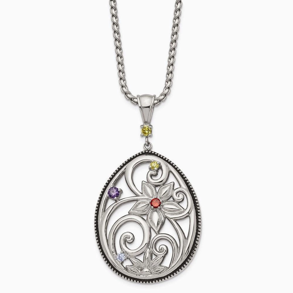 Stainless Steel Polished/Antiqued Multicolor CZ w/1.75in ext. Necklace
