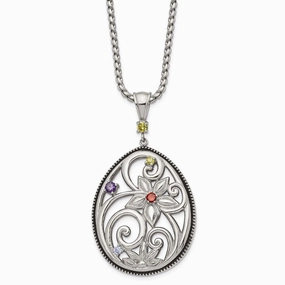Stainless Steel Polished/Antiqued Multicolor CZ w/1.75in ext. Necklace