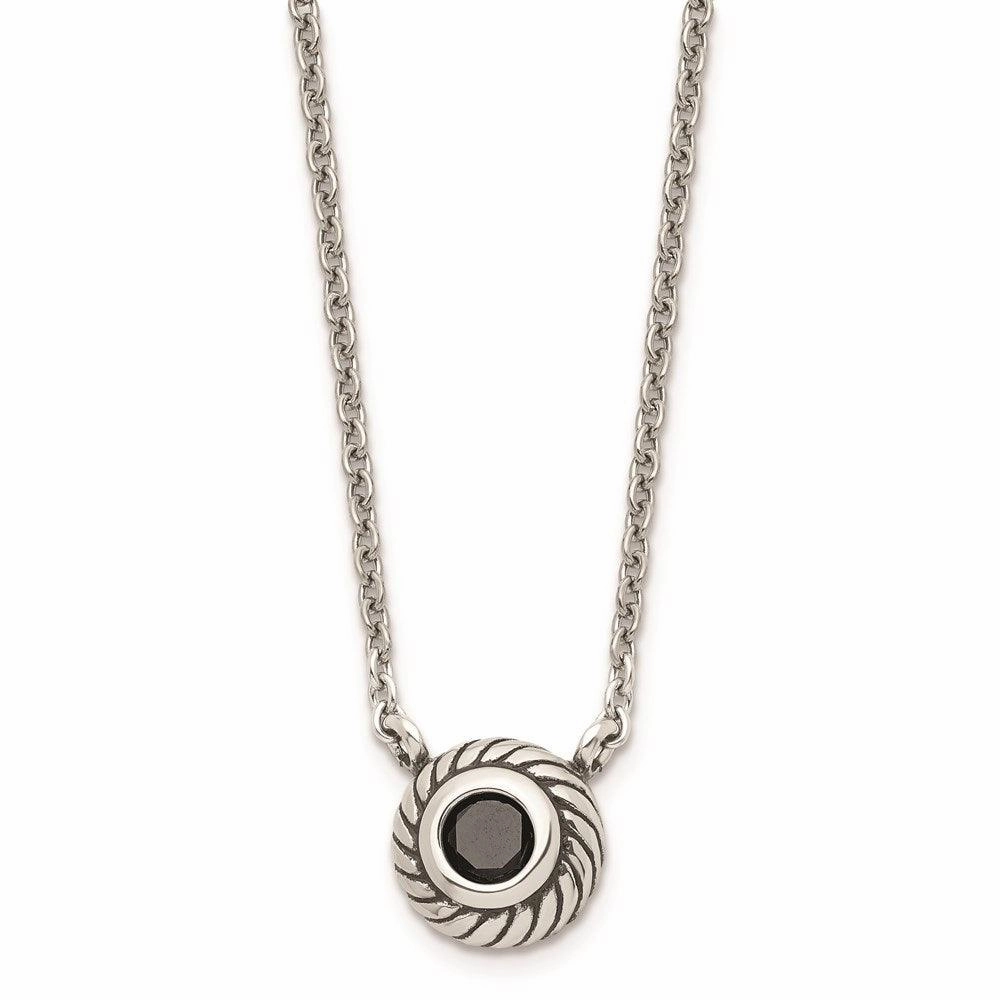 Stainless Steel Polished Black CZ Circle w/1in ext. Necklace