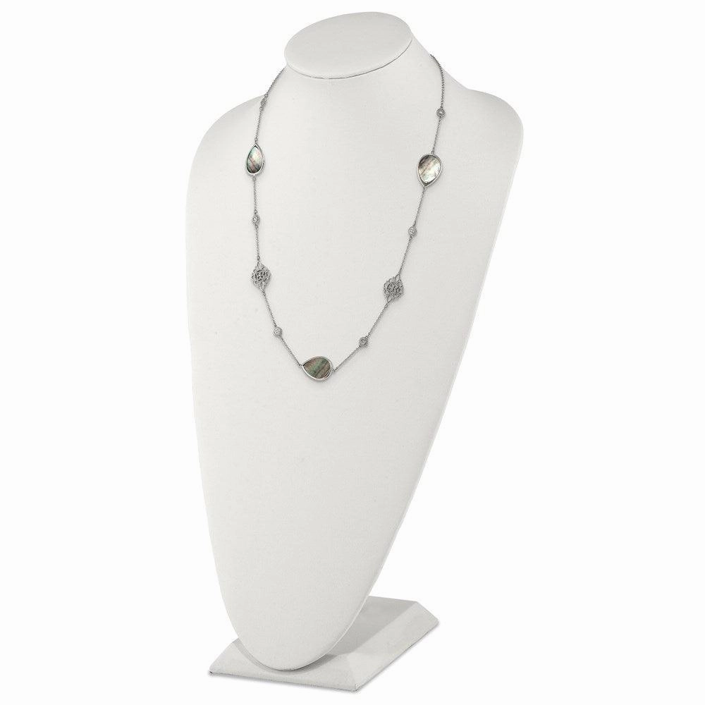 Stainless Steel Polished Black MOP/CZ w/3in ext. Necklace