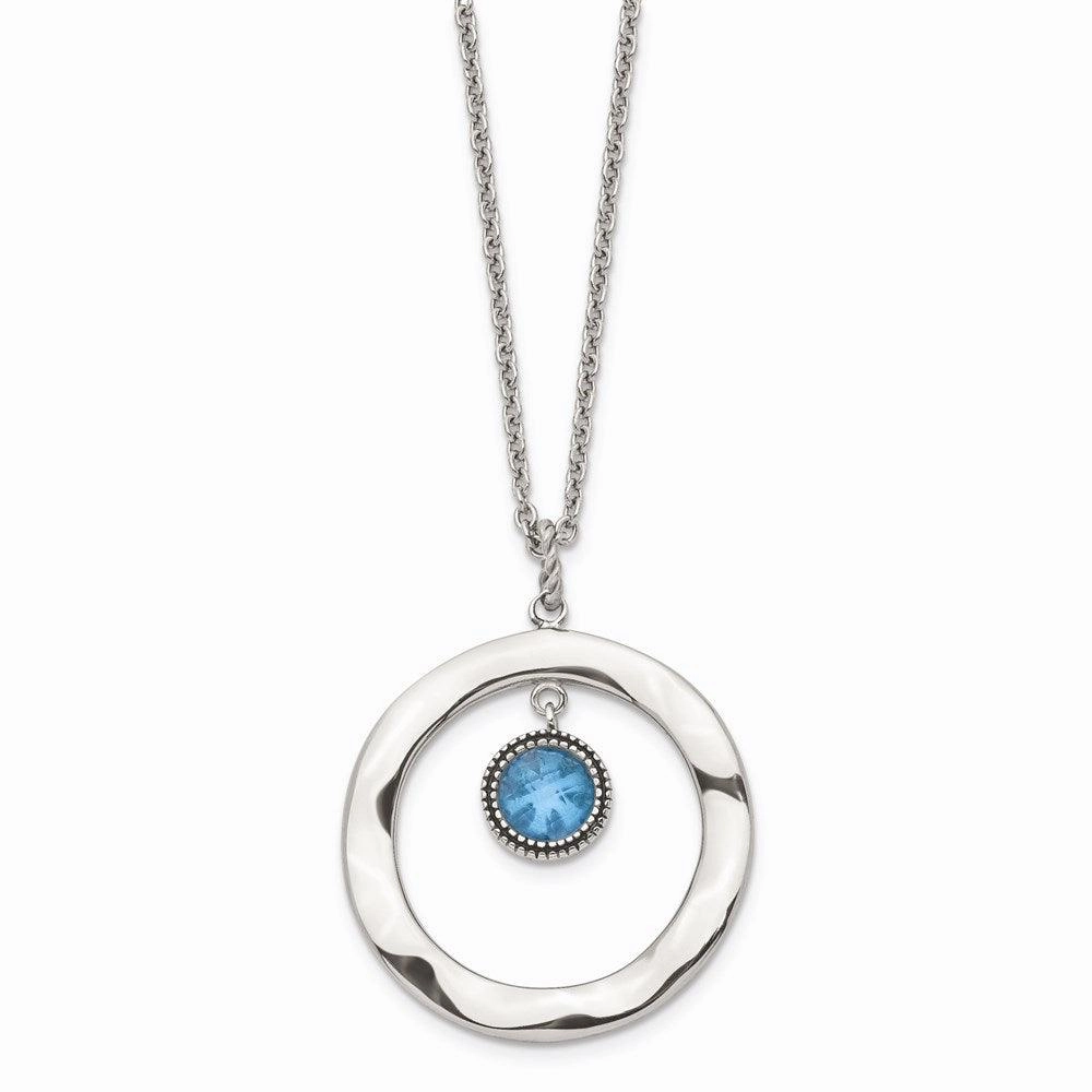 Stainless Steel Polished Blue Glass Circle w/ 2in ext. Necklace