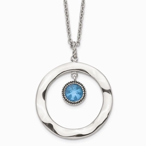 Stainless Steel Polished Blue Glass Circle w/ 2in ext. Necklace