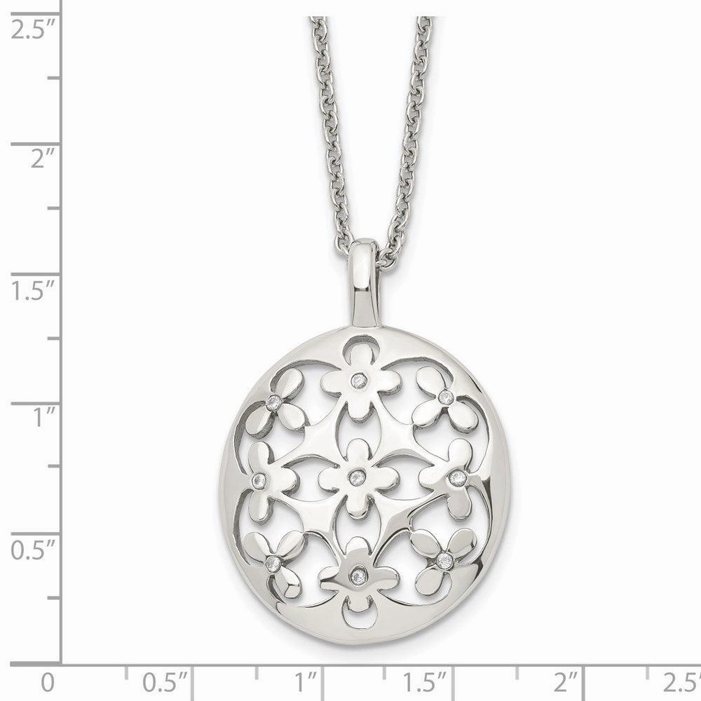 Stainless Steel Polished Circle w/CZ w/2in ext. Necklace