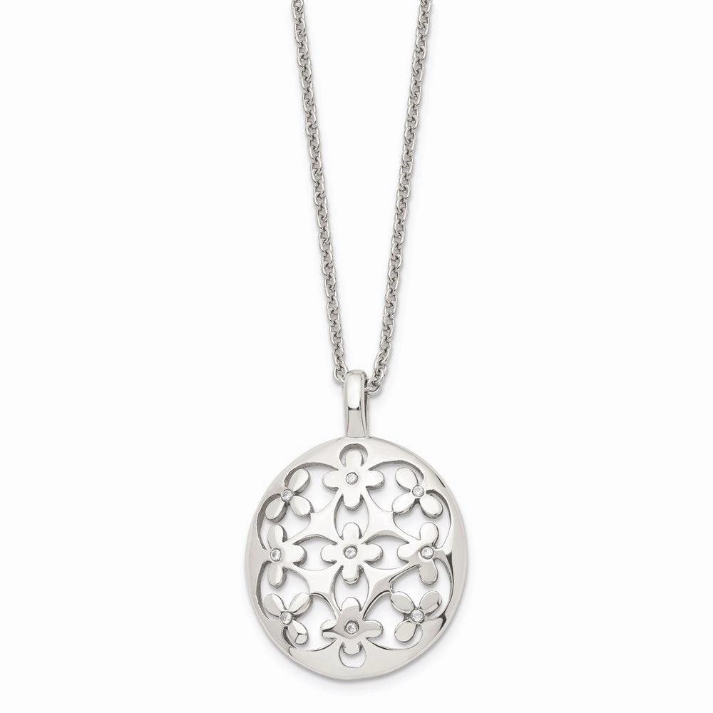 Stainless Steel Polished Circle w/CZ w/2in ext. Necklace