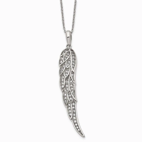 Stainless Steel Polished CZ Wing Pendant with 2in extension Necklace