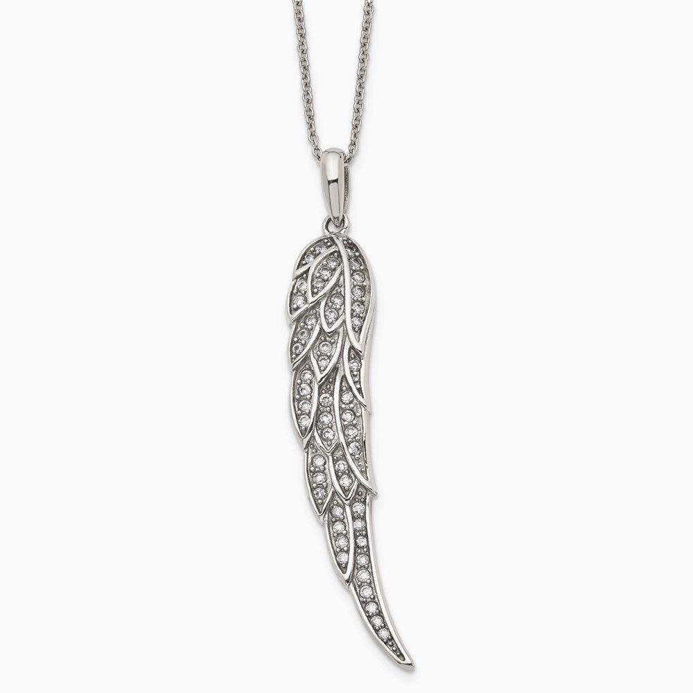 Stainless Steel Polished CZ Wing Pendant with 2in extension Necklace