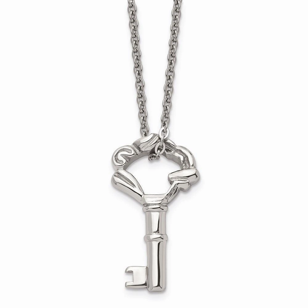 Stainless Steel Polished Fancy Key Pendant Necklace