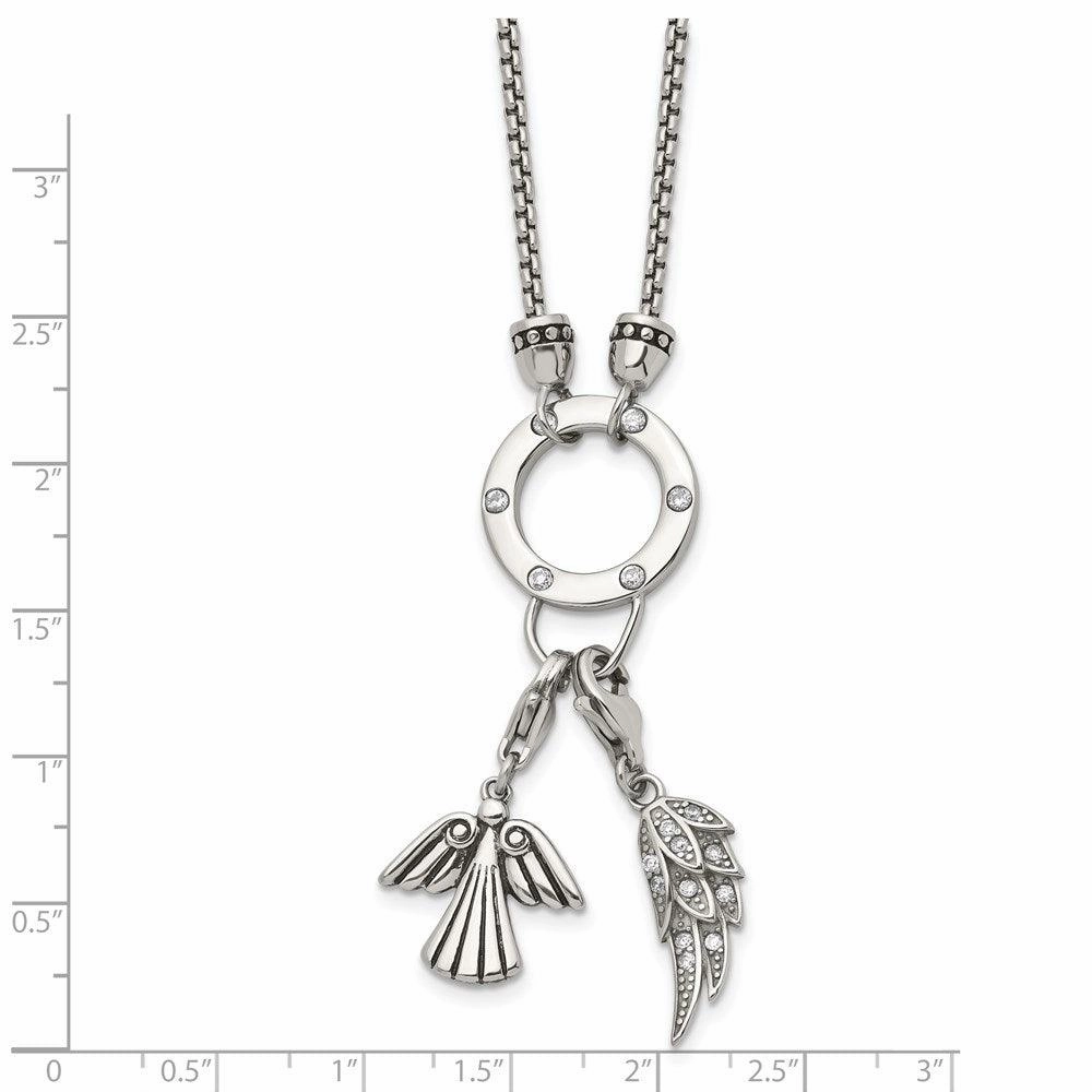 Stainless Steel Polished Feather & Angel CZ Charms w/2in ext. Necklace