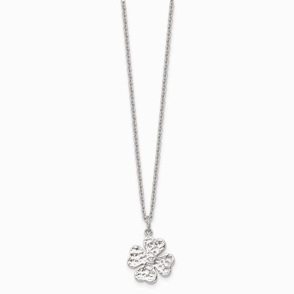 Stainless Steel Polished Four Leaf Clover with Crystal Necklace