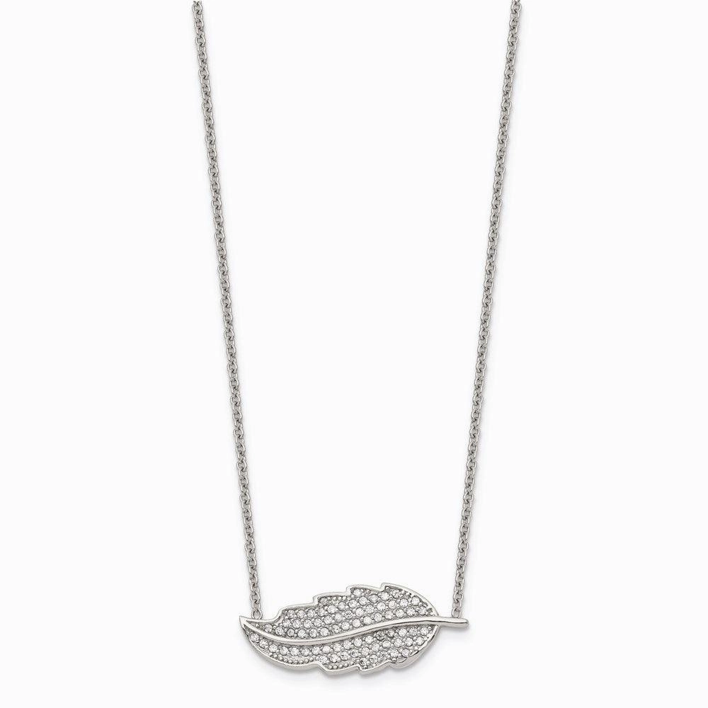 Stainless Steel Polished Leaf with CZs Necklace