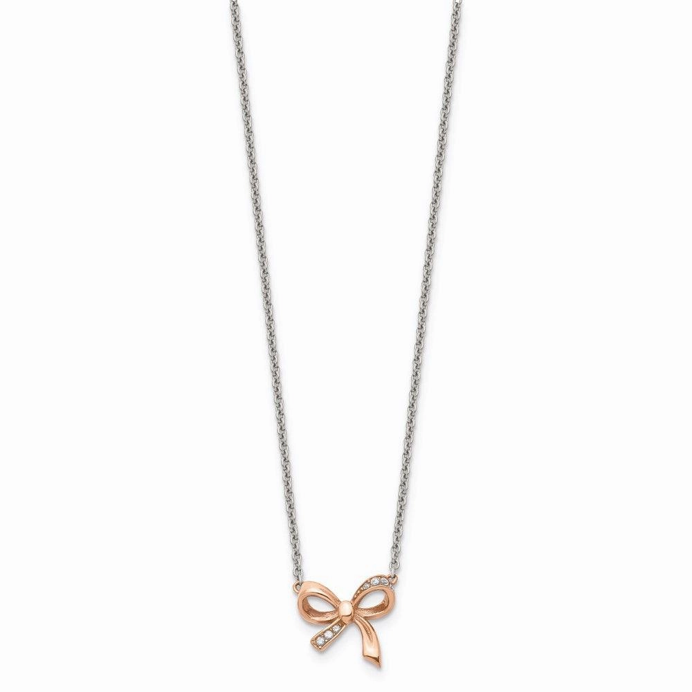 Stainless Steel Polished Pink IP plated CZ Bow with 1.75in ext. Necklace