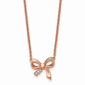 Stainless Steel Polished Pink IP plated CZ Bow with 1.75in ext. Necklace
